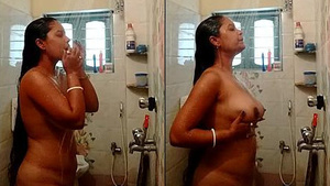 Desi bhabi with long hair enjoys a bath in the nude